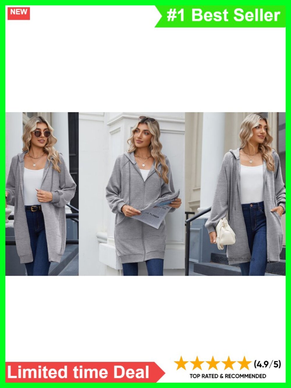 Women's Zip Up Hoodie Long Sleeve Tunic Sweatshirt Oversized - Picture 6 of 6